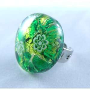  Green Gold Circle Venetian Murano Glass Adjustable Ring Jewelry