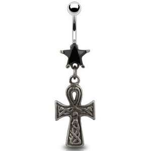  Key of the Nile Ankh Cross Navel Ring with Black Stone 