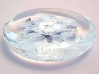 Joe Rice Art Glass Disc Paperweight Pin Dish Blue White Flowers 95 