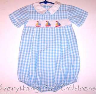  HOUSE OF HATTEN romper 24m 2T seersucker smocked sailboats blue outfit
