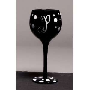   Winogram   Monogram Black Polka Dot Wine Glass   P