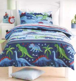 DINOSAUR BLUE Reversible Stripe SINGLE Quilt/Doona Cover Set/Cushion 