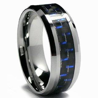 8MM Mens Tungsten Carbide Ring W/ BLACK & BLUE Carbon Fiber Inaly 