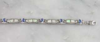   White Opal Tanzanite CZ Link Tennis Bracelet .925 Inlay Jewelry  