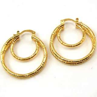 THREE RING BAMBOO CARVE 18K GOLD GEP FILL HOOP EARRING  