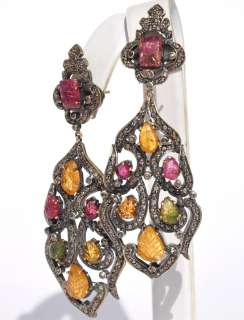 VINTAGE 14KT MULTICOLOR CARVED TORUMALINE DIAMOND EARRINGS   