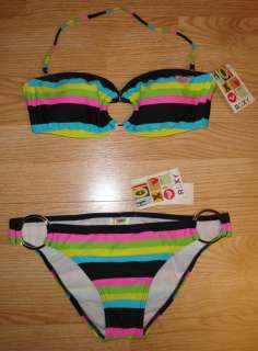 Roxy Multicolor Striped Bandeau O ring Bikini Swimsuit Size Medium NWT 