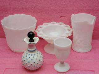 517 LOT 5 OLD WHITE MILK GLASS IRICE PERFUME BOTTLE PITCHER COMPOTE 