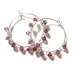 Silver Hoop Earrings w/ Amethyst Swarovski Crystals   Birthstone 