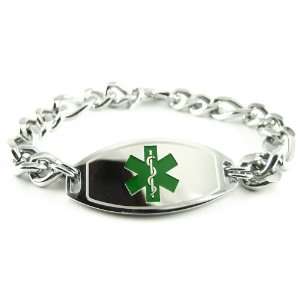 Mens Stainless Steel Medical Alert Bracelet, Thick Curb Chain, Green 